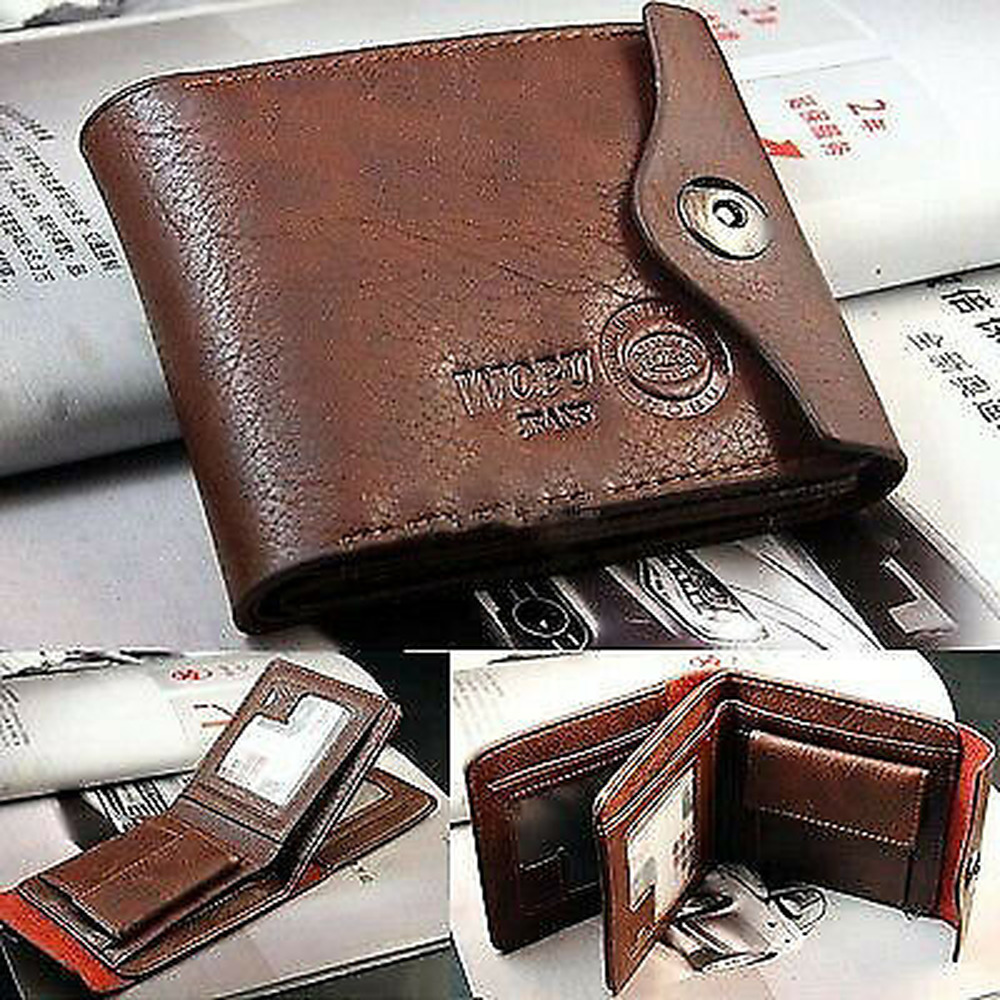Mens Magnetic Button Leather Wallet Coin Pocket Multicard Holders with ID Window