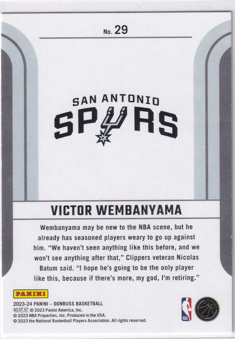 2023-24 Panini Donruss NBA No. 29 Victor Wembanyama Rookie Franchise Features