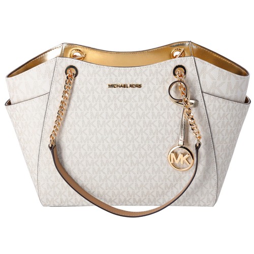 Michael Kors Jet Set Travel Large Chain Shoulder Tote Leather MK Signature PVC