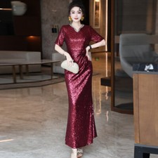 Occident Womens Rhinestone Sequins Long Fishtail Mermaid Dress Evening Party New