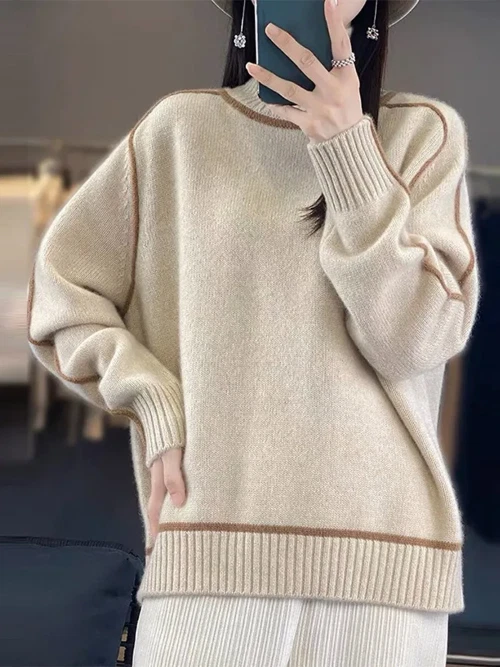Stripe Faux Cashmere Sweater Women Turtleneck Loose Knitted Pullover All-match - Image 2 of 4