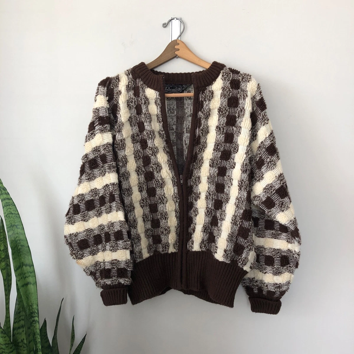 Vintage 70s Fuzzy Rochelle California Brown and White Oversized Grandpa  Sweater | eBay