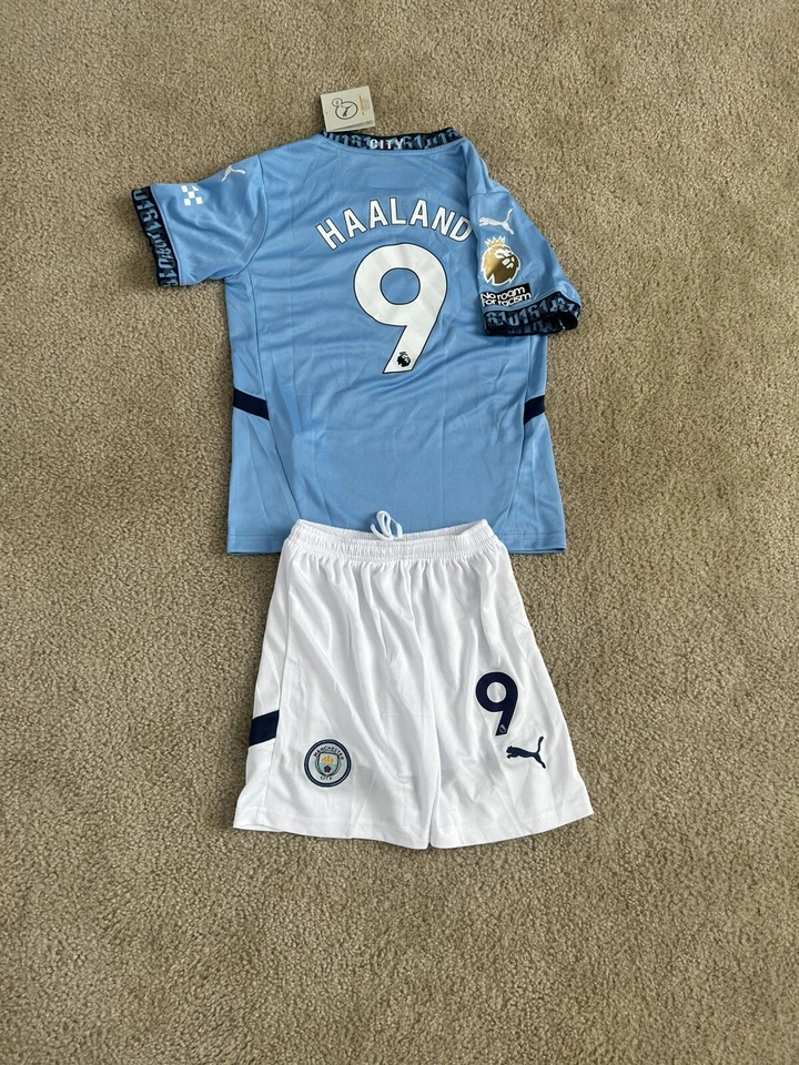 Manchester City Haaland #9 Youth Kids grande. Jersey azul e branco W-Short. Novo com etiquetas - Imagem 4 de 4