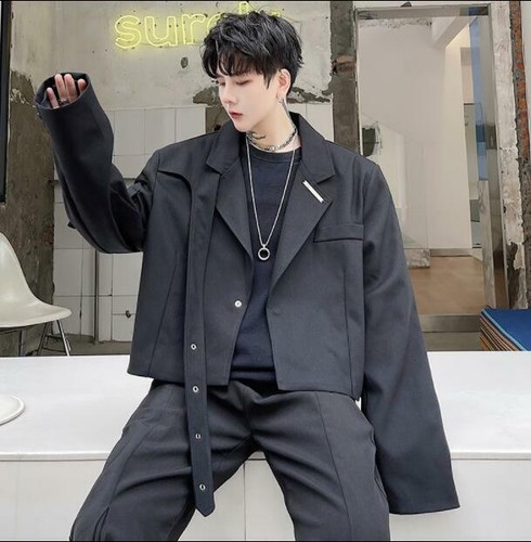 Para hombres Nuevo Coreano Moda Gótico Solapa Correas Chaqueta Corta Abrigo Blazer Prendas de abrigo SOL - Imagen 2 de 13