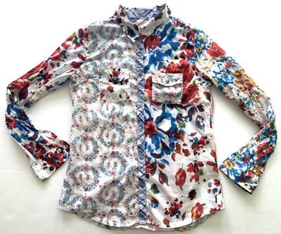 Desigual Snaps Front Shirt Mixed Print Floral Plaid Boho Top Long Sleeve Sz L