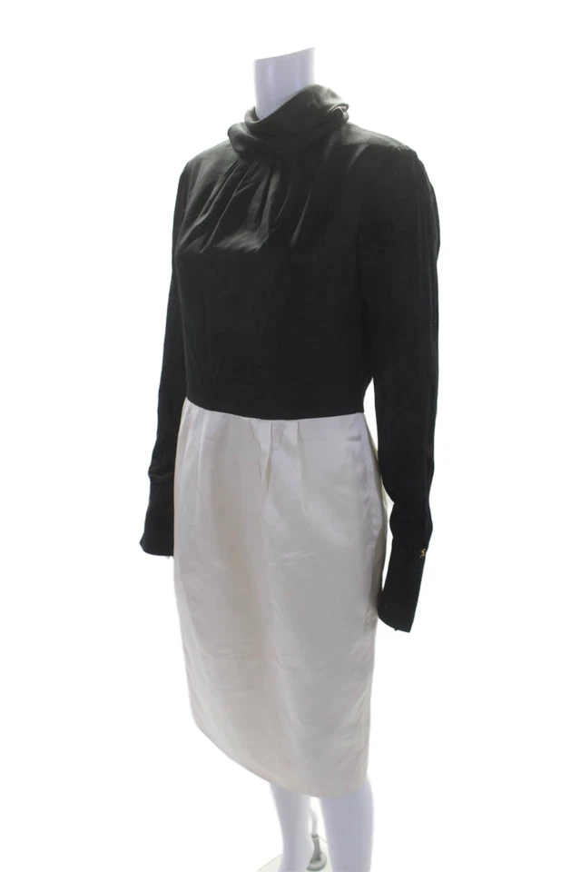 Rachel Roy Womens Silk Mock Neck Long Sleeves Pleated Front Dress Black White Si - Image 2 of 4