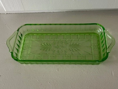 Vintage Vaseline Uranium Depression Glass Handled Candy Nut Relish 3 Feet Dish