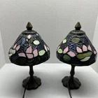 Pair Of Vtg Stained Glass Mosaic Accent Table Lamps with Brushed Bronze Base 10”