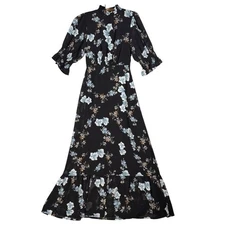 Baltic Born Marie Mock Neck Maxi Dress Size XS Black Floral Balloon Sleeve Boho