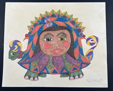 Rose McCay Pencil Drawing 14x17” Painted Turtle with Lady On Shell Surreal Art