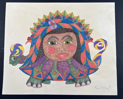 Rose McCay Pencil Drawing 14x17  Painted Turtle with Lady On Shell Surreal Art