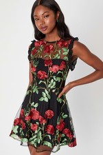 Lulus Womens Blissful Bouquet Black Floral Mini Dress Sz XS Embroidered Ruffle