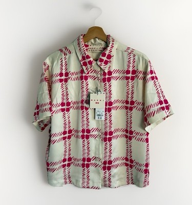Marni x Uniqlo Bluse Small beige rosa kariertes Hemd Oversize offener Kragen neu mit Etikett