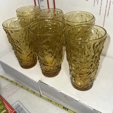 MCM Anchor Hocking Milano Textured Amber/Gold Glasses Set of 6 Tumblers 5-1/2”