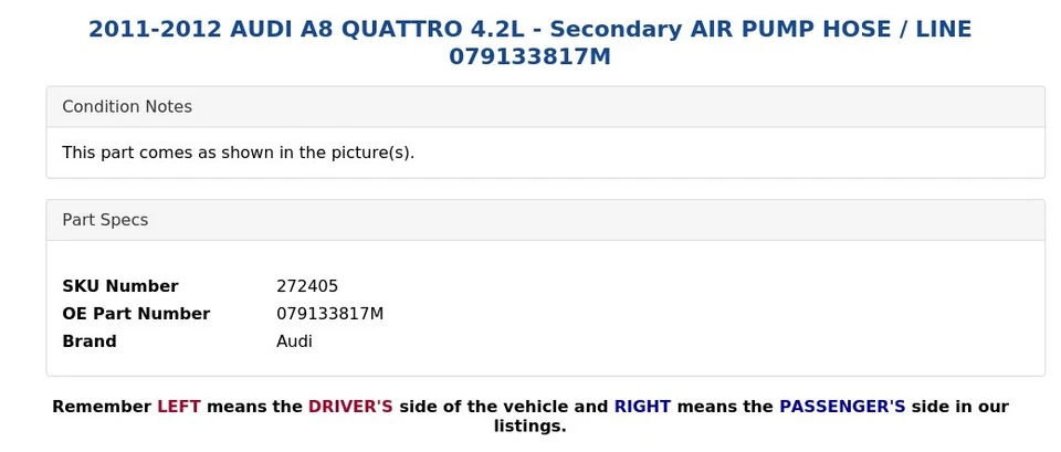 AUDI A8 QUATTRO 2011-2012 4,2 L - MANGUERA BOMBA DE AIRE SECUNDARIA / LÍNEA 079133817M Foto 4 de 4