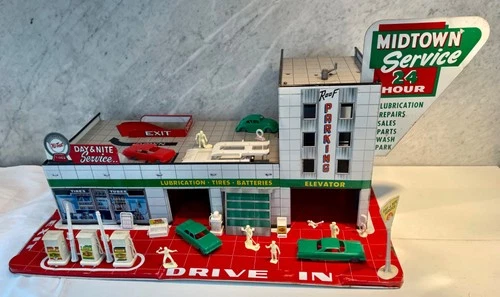 RARE! HARD TO FIND! MARX TOY TIN LITHO MIDTOWN 24 HR SERVICE STATION