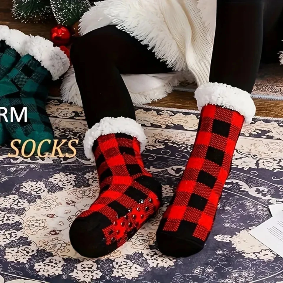 Festive Plaid Slipper Socks Knitted Fluffy Thick Soft Warm Thermal Sherpa Socks - Image 4 of 4