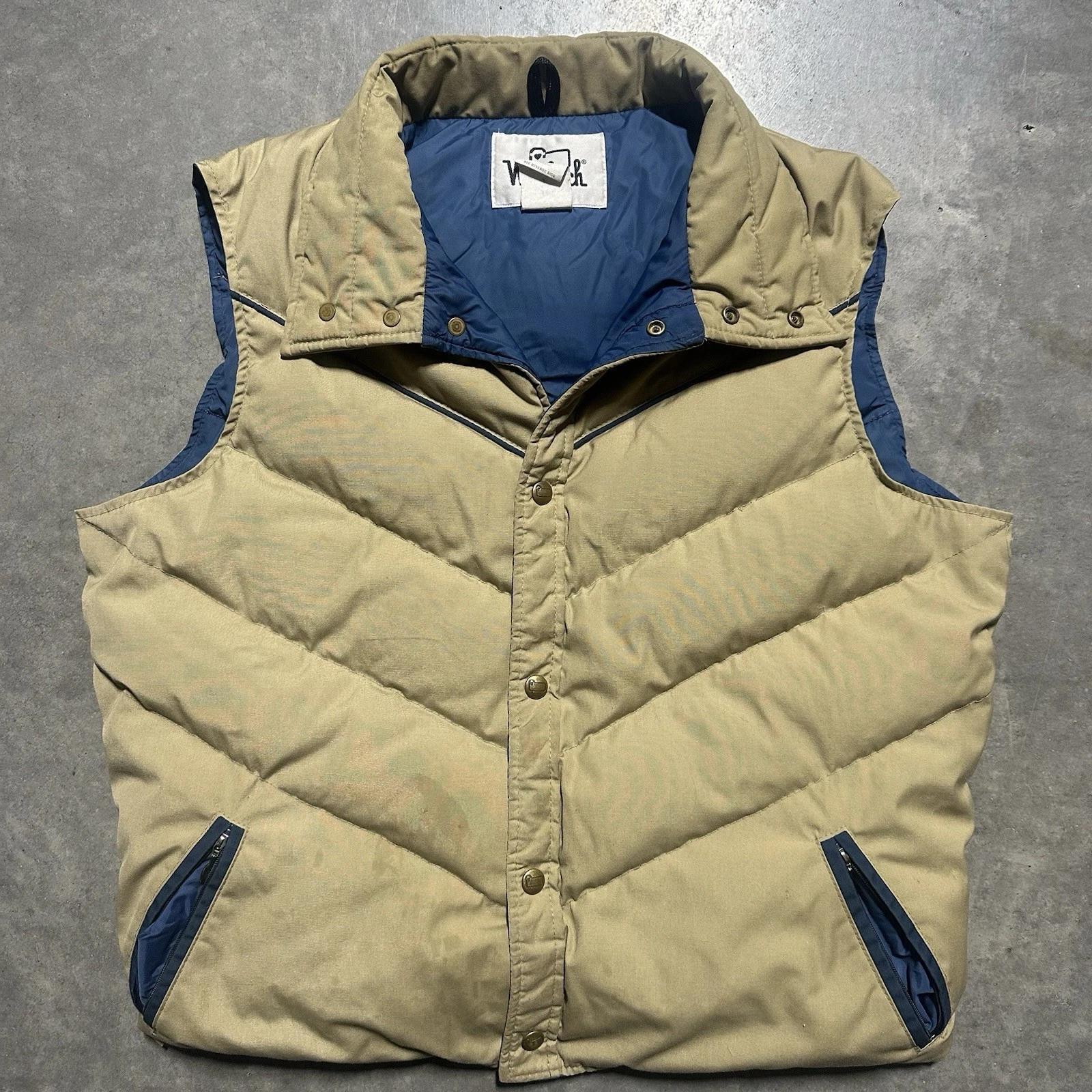 Vintage 80s Woolrich Puffer Down Insulated Snap Vest Tan Brown Mens Large USA