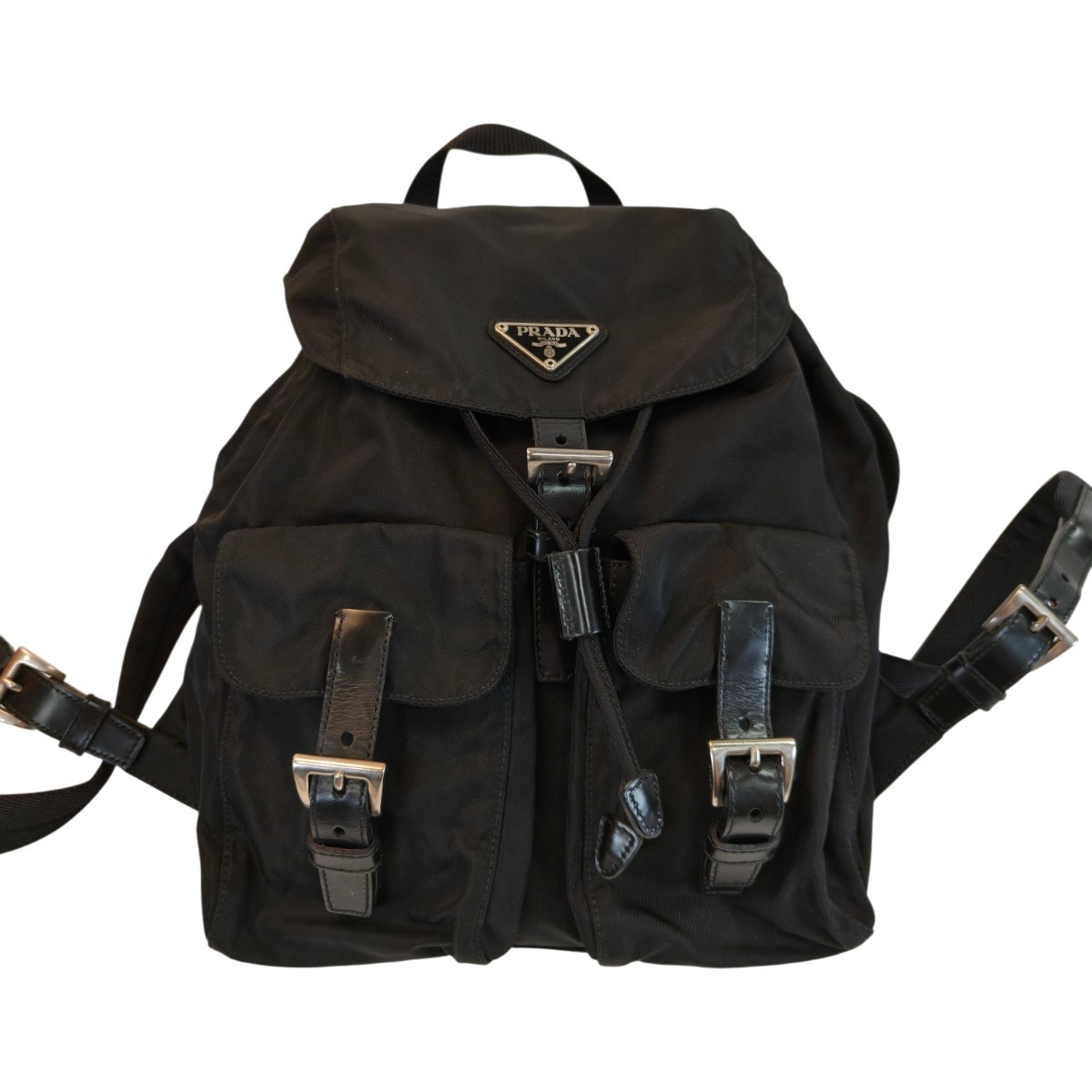 PRADA Nylon Leather Backpack Drawstring Flap Blac… - image 1