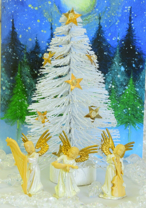 White Bottle Brush Christmas Tree & Three Vintage Hong Kong Plastic Angels