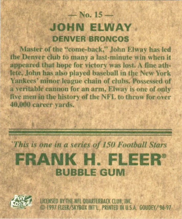 1997 Fleer Goudey John Elway Football Card Denver Broncos #15 - Image 2 of 2