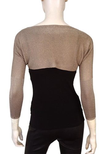 Vintage LA PERLA sz 44 Dark Metallic Gold 3/4 Sleeve Ribbed Knit Shrug Sweater 8 - Picture 3 of 4
