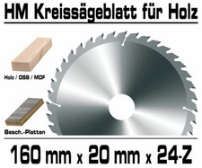 Hartmetall Kreissägeblatt 160 x 20 mm x 24 Zahn Holz Kappsäge Hand Kreissäge XT
