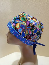 Bright Paisley Black Pixie Skull Women's Surgical Scrub Hat/Cap Handmade
