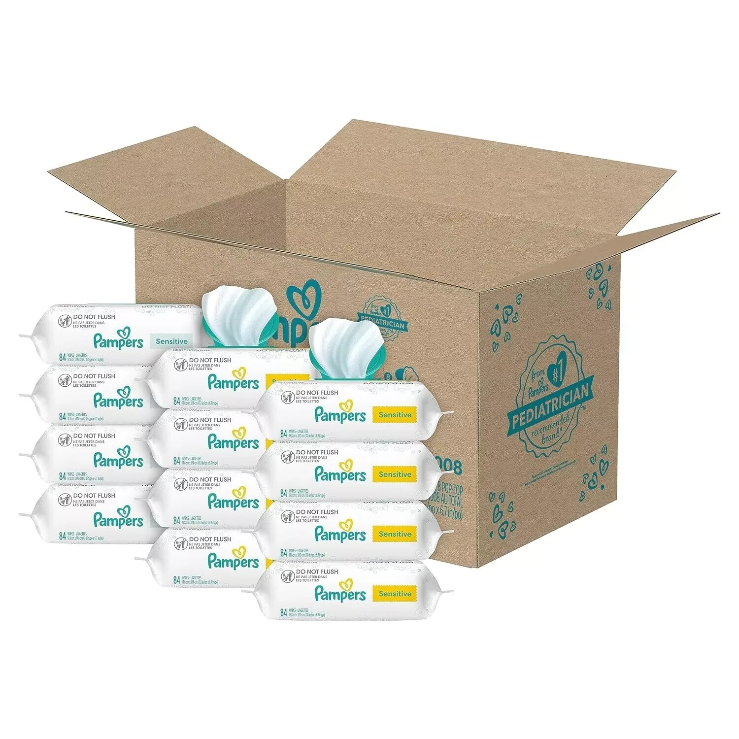 Pampers Sensitive Baby Wipes 8 Flip-Top Packs 4 Refill Packs