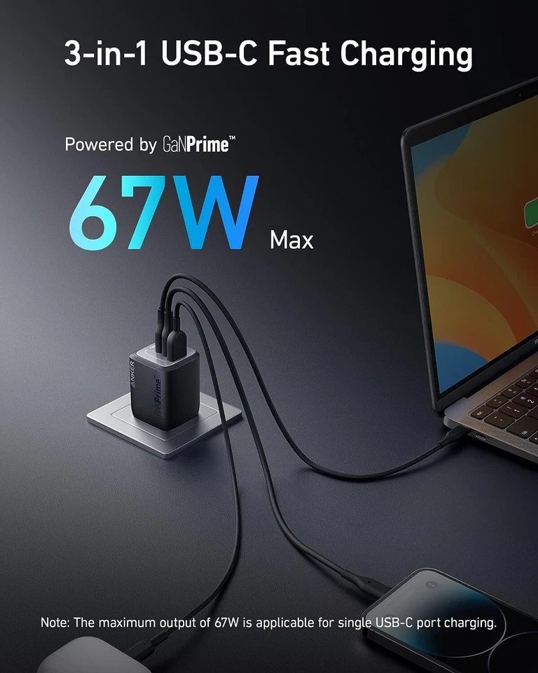Anker Prime 67W USB C Wall Charger Adapter 3-Port GaN Charging for iPhone/Galaxy - Image 2 of 4