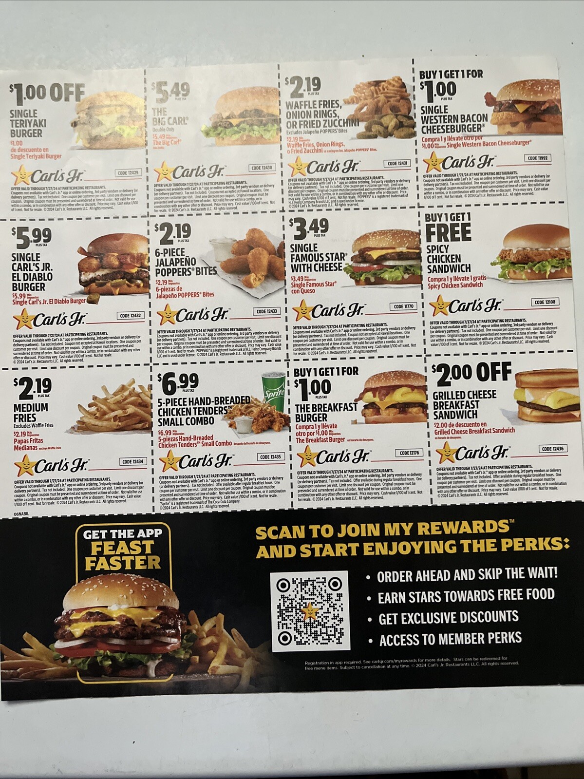 One (1) Sheet Of Carl's Jr Coupons Great Deals Fast Food Expiration 7