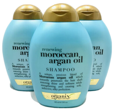 3 ogx renewing + argan oil of morocco shampoo 13oz ea scuffed bottle
