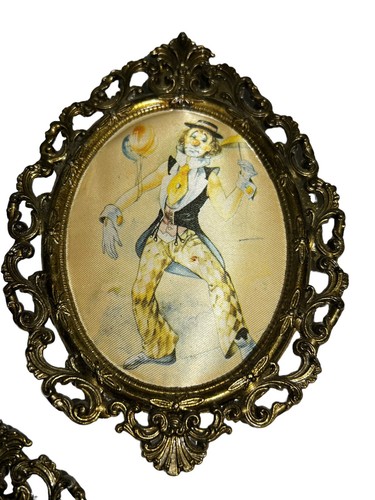 Vintage Italy Brass Framed Silk Satin Clown Print Lot - 1 Broken Frame - Picture 3 of 10