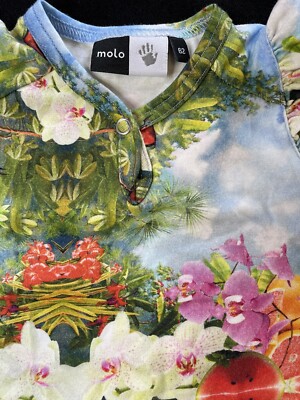 Molo EUC Faris Tropical Print Henley Short Ruffled Sl Romper-3-6Mos