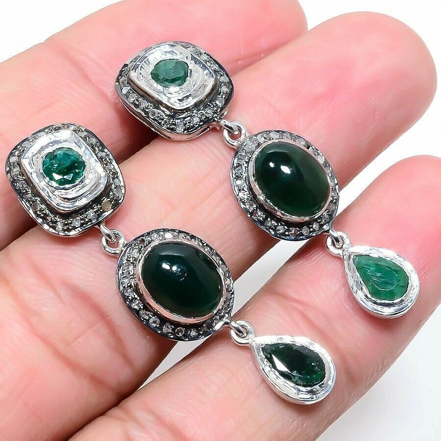 Natürlich Pflastern Diamant Smaragd Edelstein 925 Sterlingsilber Ohrring Gifts - Bild 2 von 4