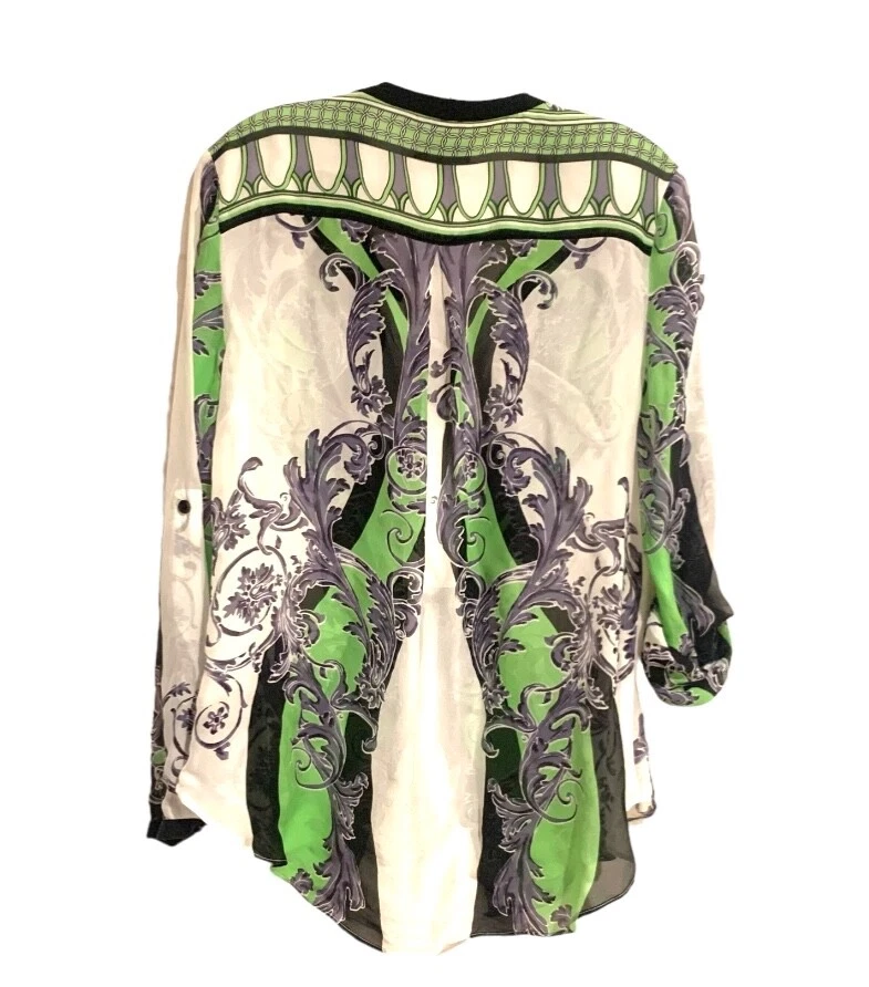 Blusa para mujer Hale Bob 100 % seda verde blanca negra manga larga lengüeta enrollable talla S” Foto 2 de 4