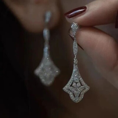 Art Deco Lab Created Diamond 14K White Gold Finish Expensive 925Silver Earrings