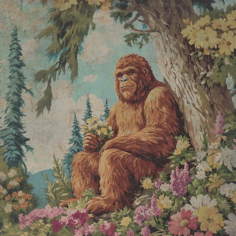 Vintage BIGFOOT BOTANICAL Wall Art, Sasquatch Flower Decor, Cryptid Floral Print - Image 2 of 4