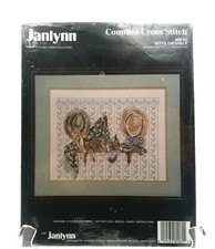 Vtg Janlynn Kitty on Shelf 14"x11" Counted Cross Stitch Kit 1991 Cat Hat 80-82