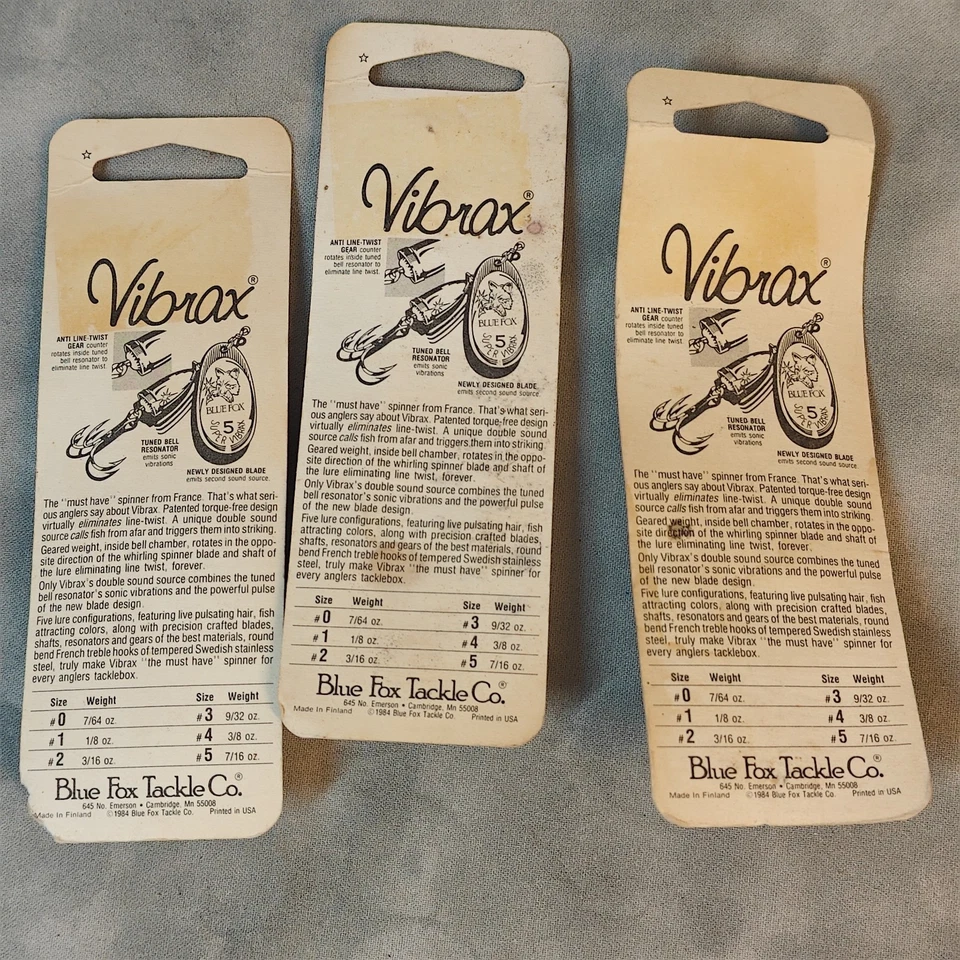 Lote de señuelos giratorios vintage Blue Fox Vibrax #2 (3) 3/16 oz Finlandia vestidos con tarjeta Foto 3 de 3