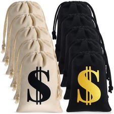 24 Pcs 9 x 6.3 Inches Canvas Money Bag with Drawstring Closure Costume Money ...