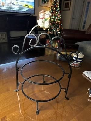 Vintage 2 Tiered Wrought Iron Cake Stand Pie Dessert Plate Rack Santa Claus