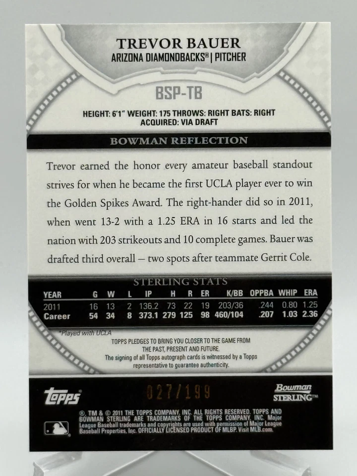 Trevor Bauer 2011 Bowman Sterling Refractor BSP-TB Autograph /199 Rookie Card I7 - Image 2 of 2