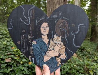 Ripley and Jonesy Cat Wooden Heart Plaque: Alien Movie Acrylic Painting