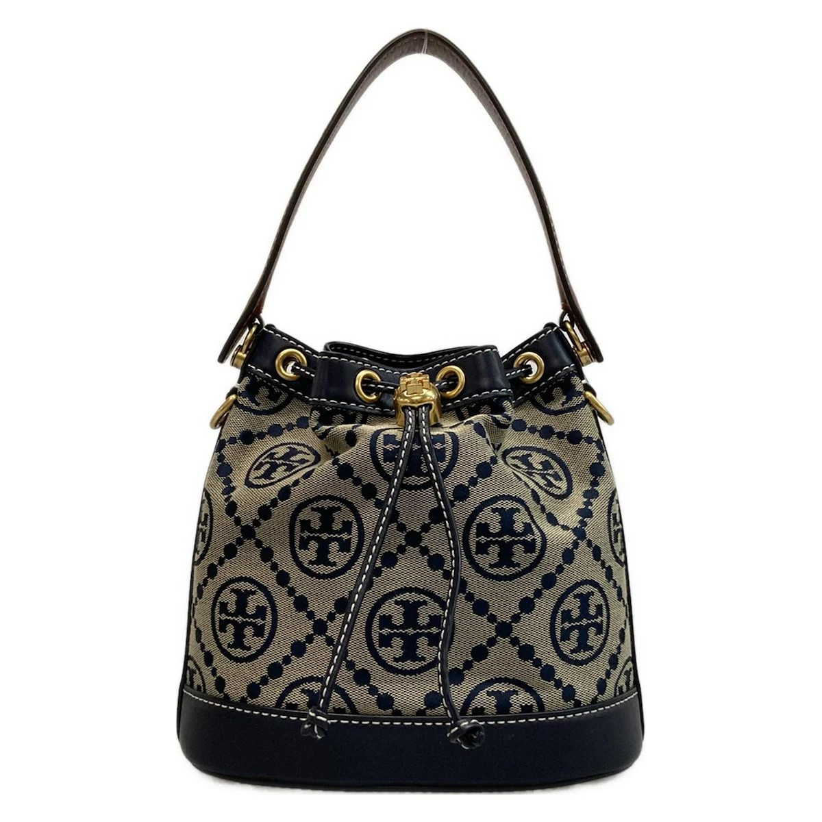 TORY BURCH - Cream Dark Navy Dark Brown Jacquard Leather Handbag