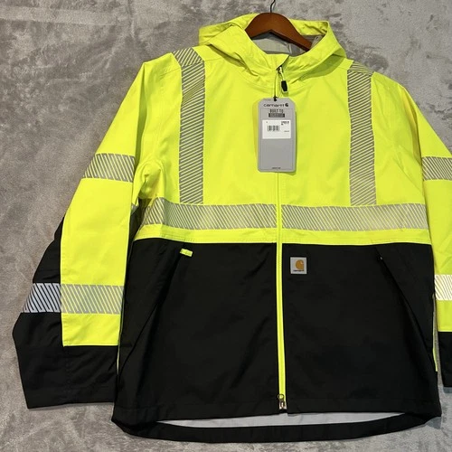 Carhartt Storm Defender Jacket Mens Large Yellow Hooded Hi Vis Workwear OJ6693-M image 2