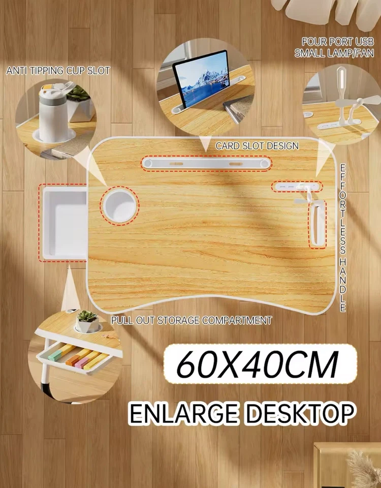 Mesa de Cama Plegable Portátil Ultra Grande para Portátil con Portavasos, Cajón, USB, Ventilador Foto 2 de 4