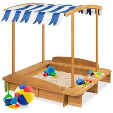 Best Choice Products Kids Wooden Cabana Sandbox Benches Canopy Shade Sand Cover