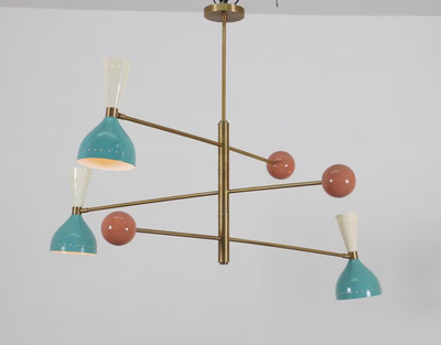 Mid Century Modern Chandelier, Brass Sputnik Pendant Light with Teal Blue Shades