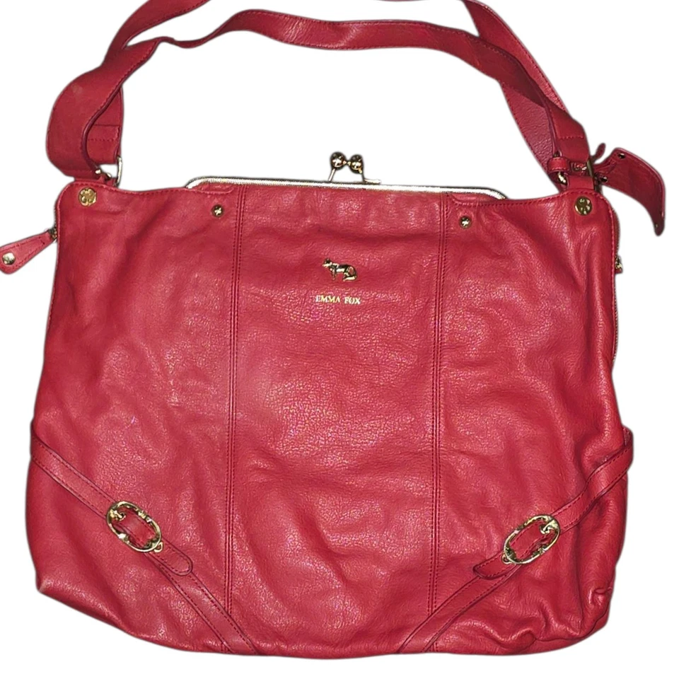 Emma Fox Red Leather Shoulder Bag Kiss Lock Frame Purse Gold Hardware 15x15 - Image 2 of 4
